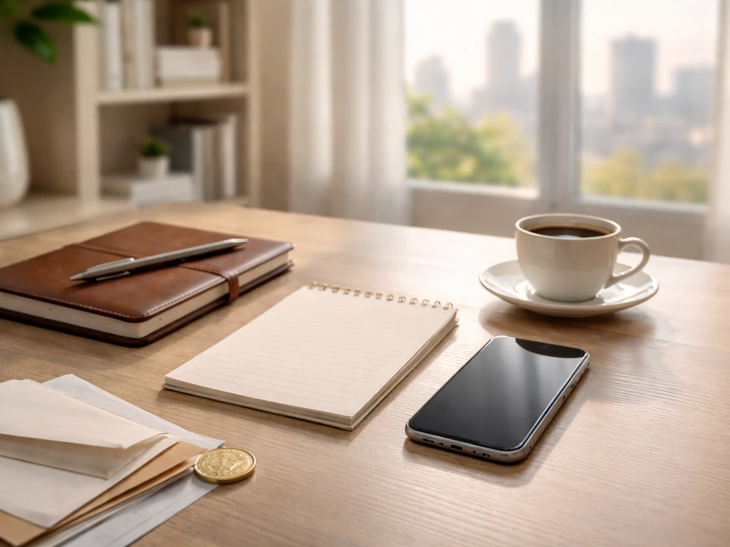 Sunlit desk with scattered business documents and a smartphone showing an empty news-style screen, symbolizing net-worth