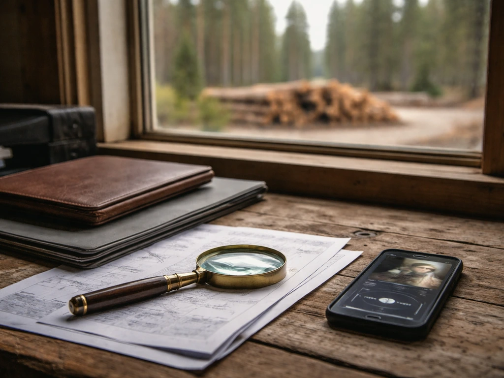Magnifying glass and documents on a desk with pine trees and stacked logs visible through a window.