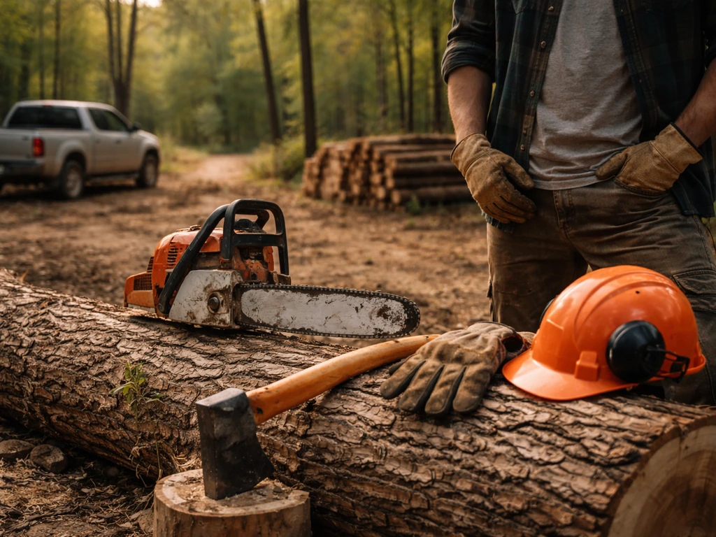 Virginia logging scene: gloved hands beside a pickup truck and stacked logs in a forest clearing