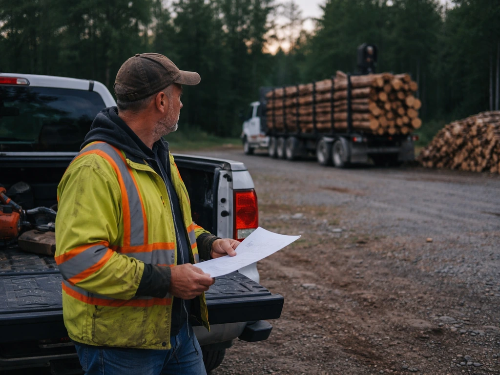 Owner of small logging company reviewing paperwork beside a logging truck and stacked firewood at dawn
