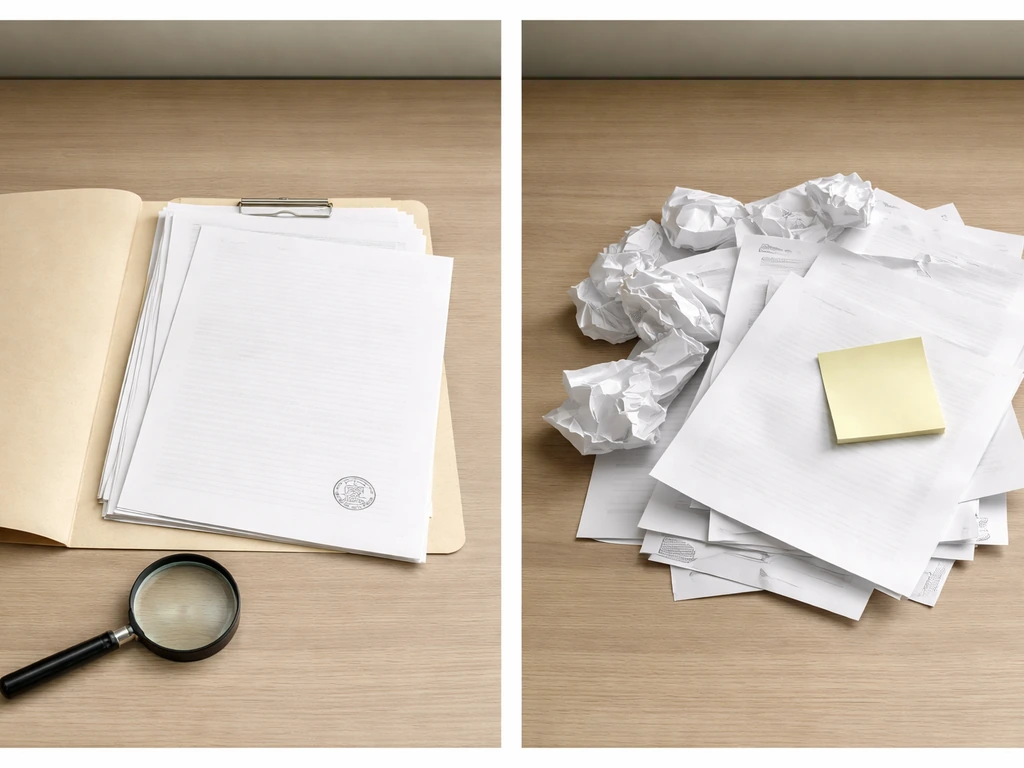 Split-view photo showing document evidence check vs unchecked claim in a minimal finance desk scene