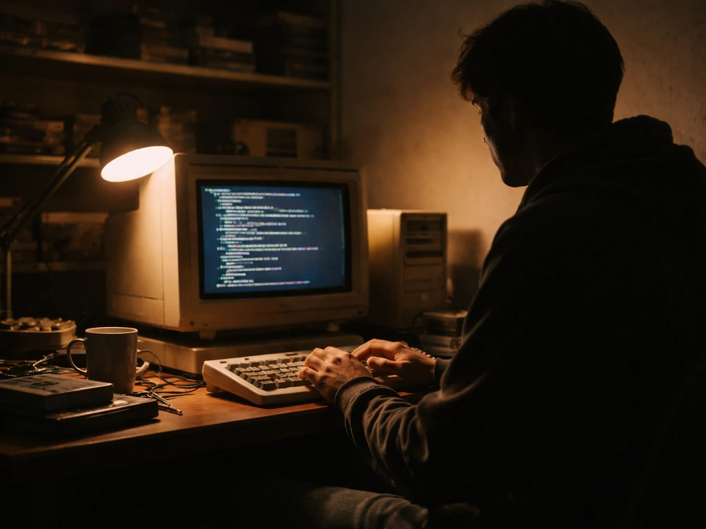 An anonymous developer at a vintage workstation with a monitor showing abstract code-like lines, evoking early web softw