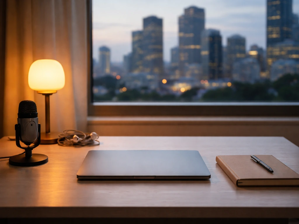 Minimal photo of a desktop workspace with a laptop and a dark city skyline outside, suggesting tech wealth.