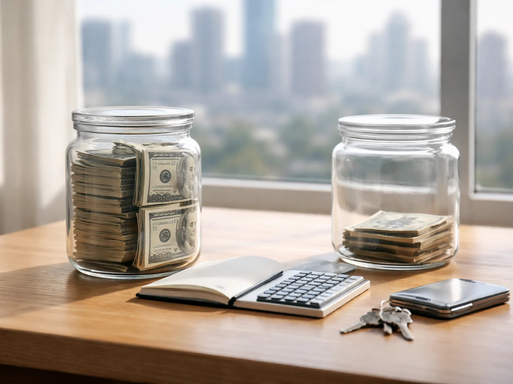 Two glass jars of different amounts of cash on a desk beside blank notebook and calculator.