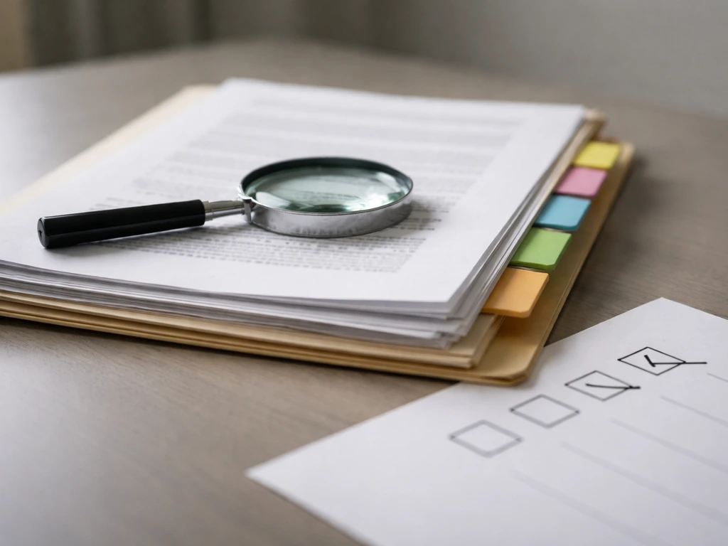 Close-up of an office desk with papers and a folder labeled by color tabs, showing uncertainty and verification
