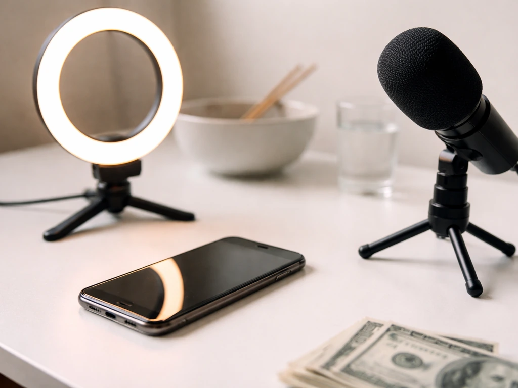 Close-up of a smartphone with a creator-style video setup on a desk, suggesting TikTok earnings.