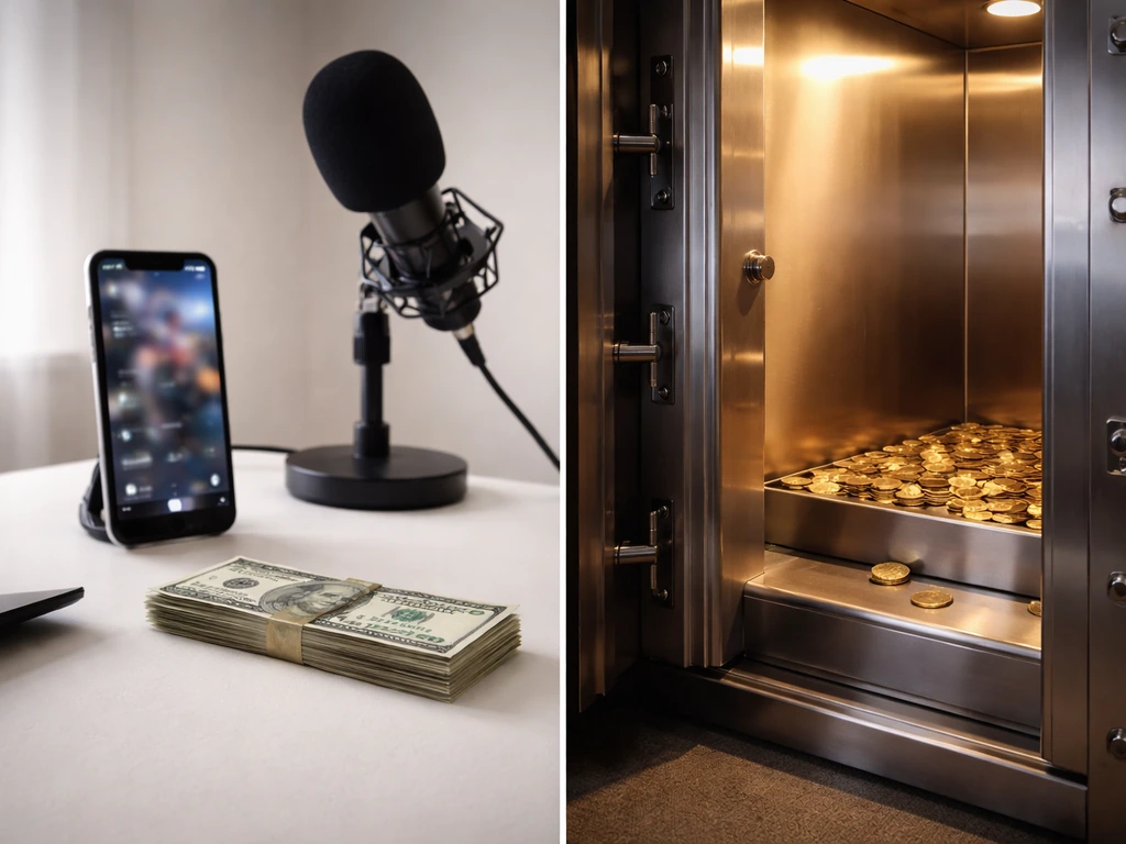 Split-scene photo: anonymous creator workspace with a phone for income vs a vault-like symbol for net worth.