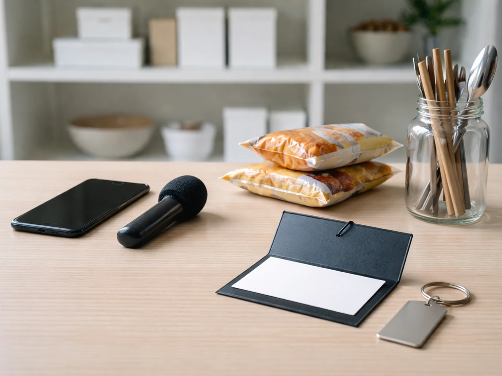 Minimal desk scene with phone, microphone, snacks, and business accessories suggesting creator sponsorship income.