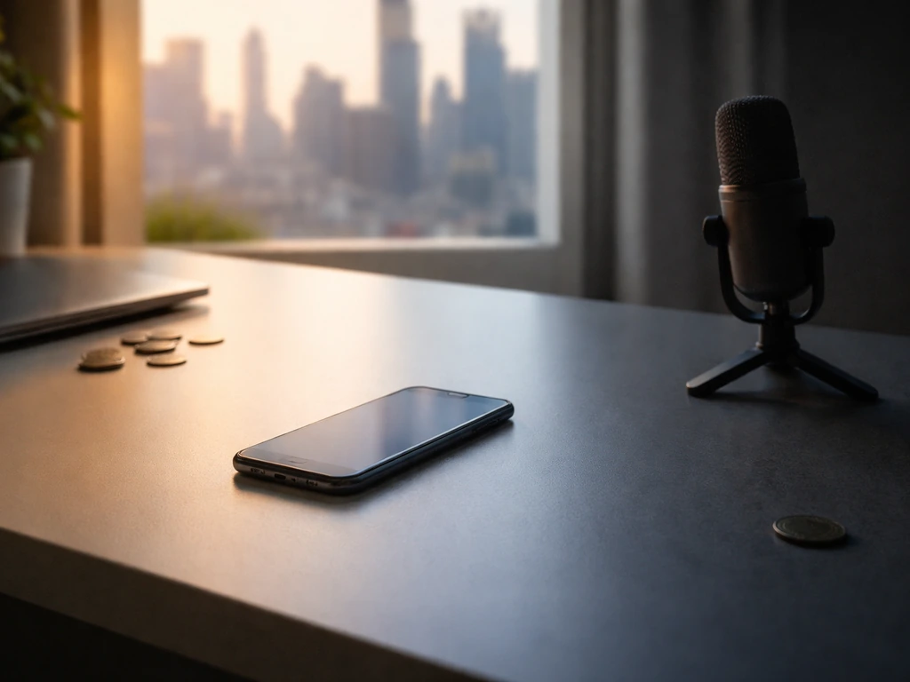 Minimal desk with smartphone and microphone, split light suggesting upward vs downward net worth factors.