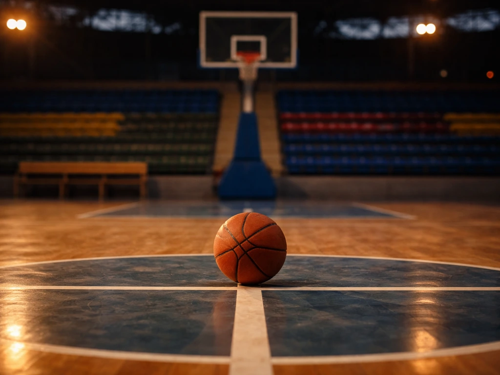 Basketball resting on the center circle of an empty court at dusk, suggesting a retired player’s legacy.