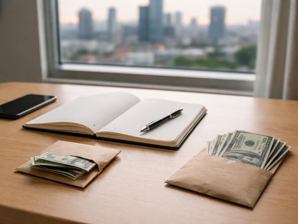 Minimal desk scene with stacked US dollars and blank notebook, symbolizing a net worth range.