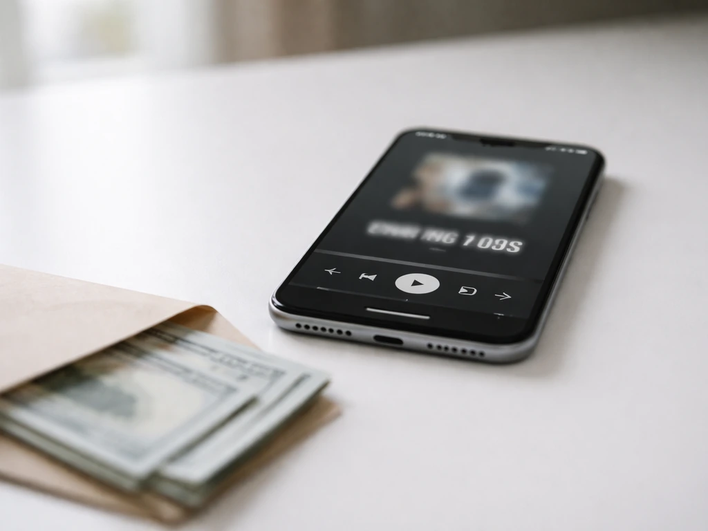 Close-up of a smartphone showing a music app with a high stream vibe, next to a cash envelope on a desk.