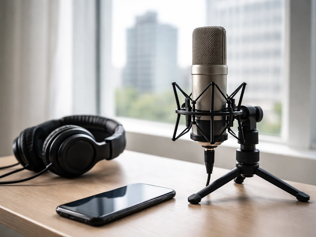 Close-up of a studio microphone and music gear beside a sleek smartphone, evoking a brand promo campaign