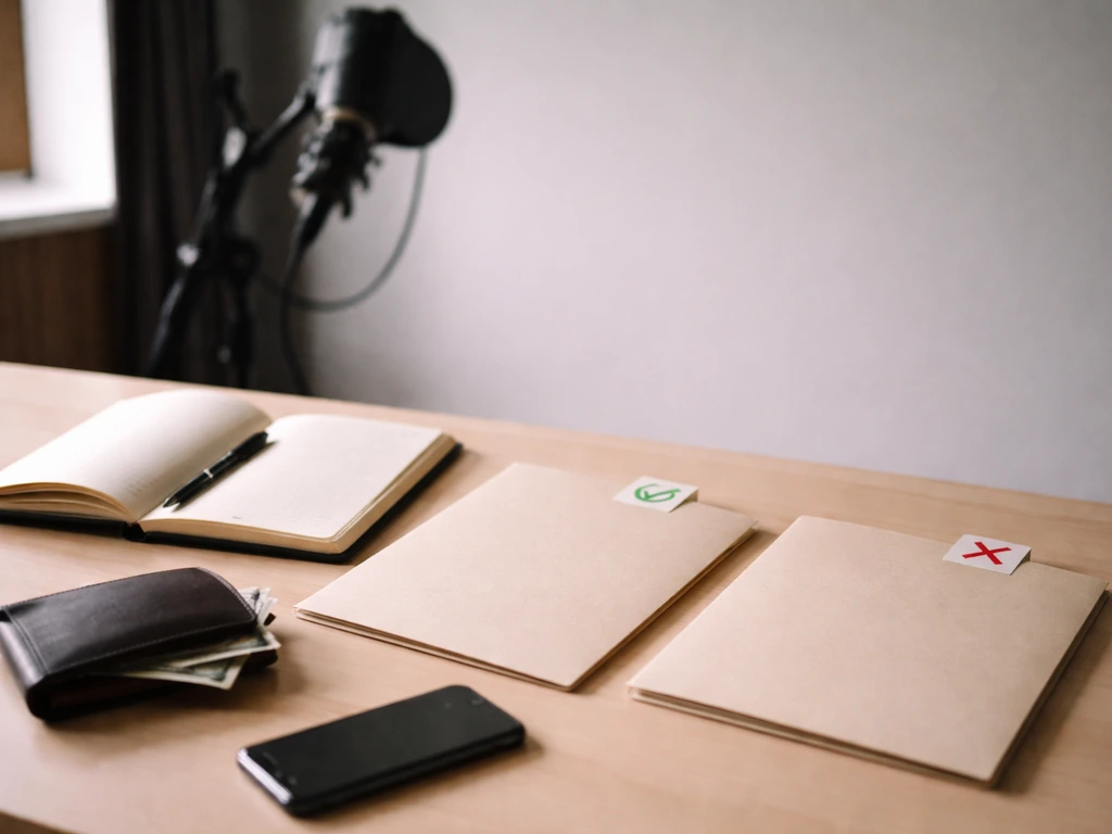 Minimal desk scene showing a small stack of cash and two folders labeled with icons, representing assets and liabilities
