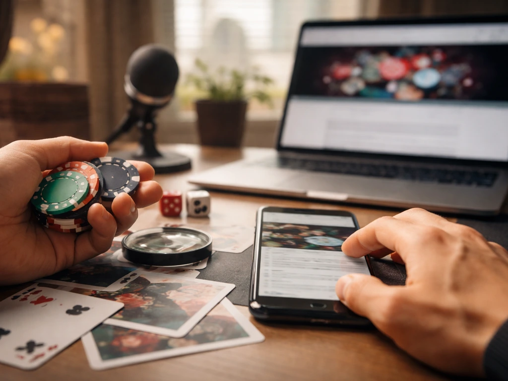 Anonymous hands sorting poker chips on a desk with a blurred phone and media gear in the background.