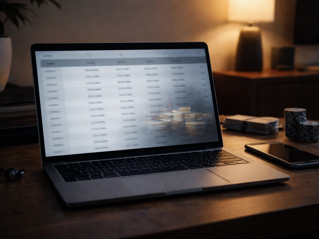 Open laptop on a desk showing a blurred year-by-year poker prize breakdown without readable text.