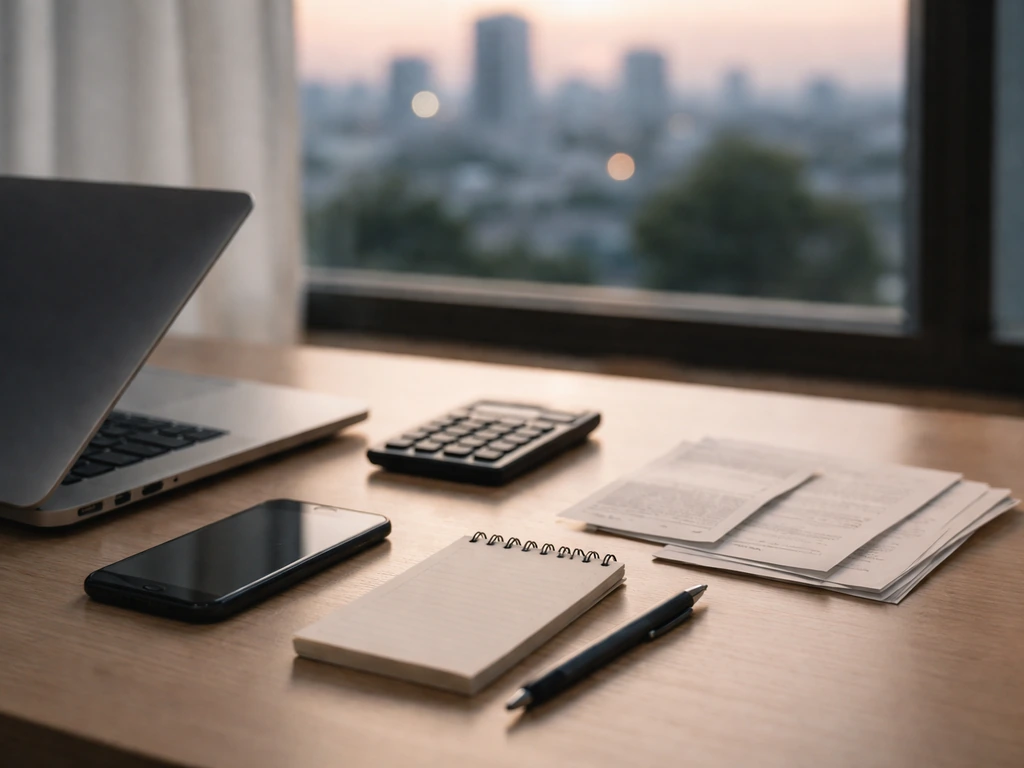 Minimal desk scene with a laptop, calculator, and smartphone suggesting net worth verification workflow.