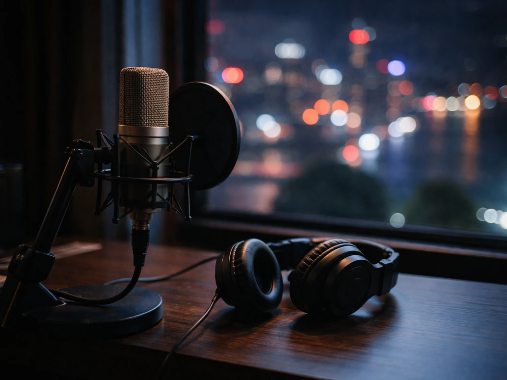 Sunlit music studio desk with a microphone, headphones, and a subtle hint of nighttime city lights