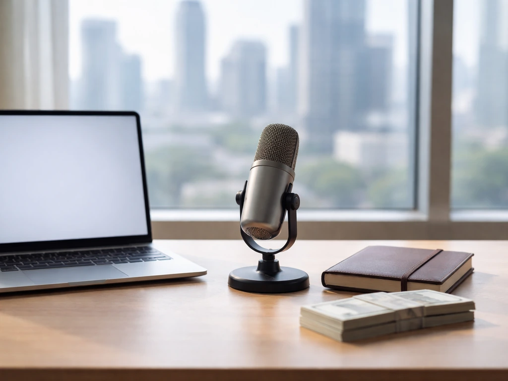 Minimal desk scene with laptop and microphone beside money-like props, suggesting financial media analysis.
