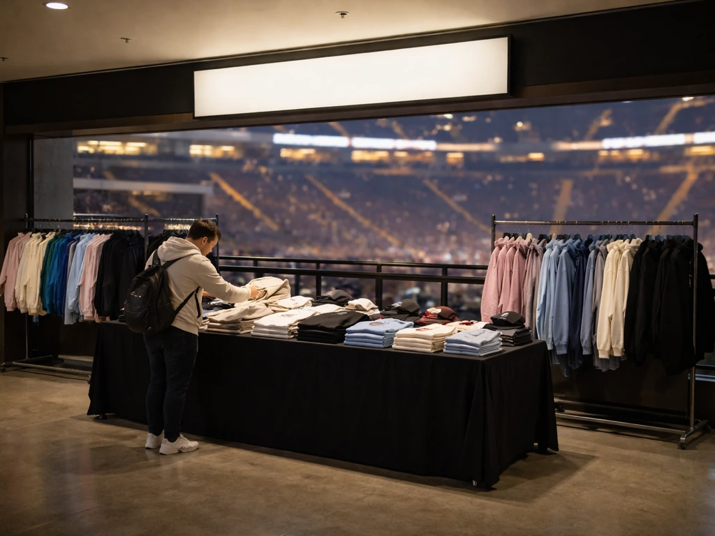 Fan browsing tour merch at an arena stand with racks of shirts and hoodies in the background.