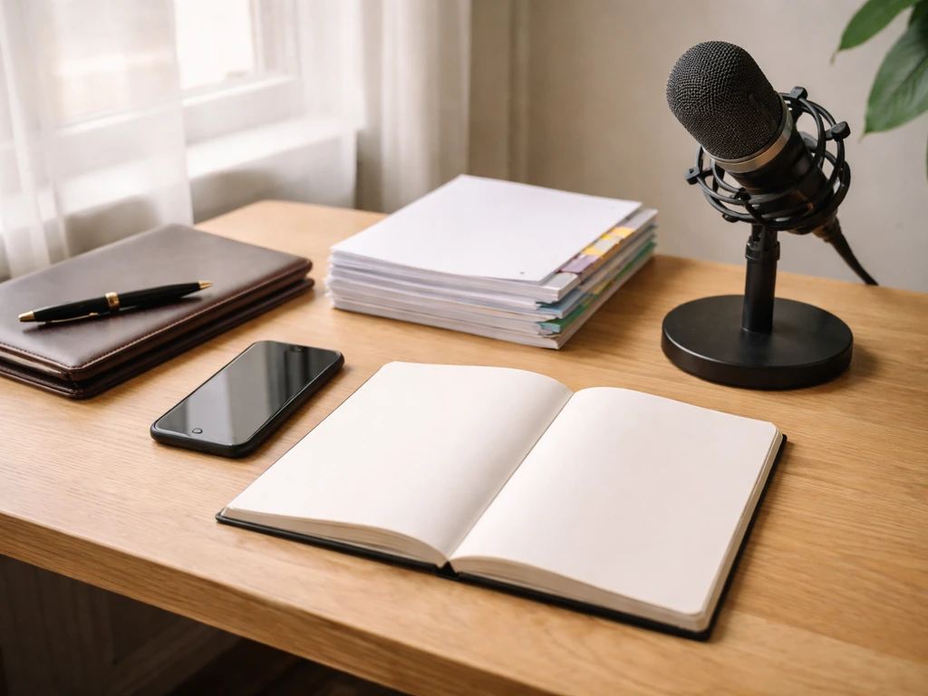 Minimal desk scene with microphone, documents, and notebook symbolizing how net worth estimates are compiled.