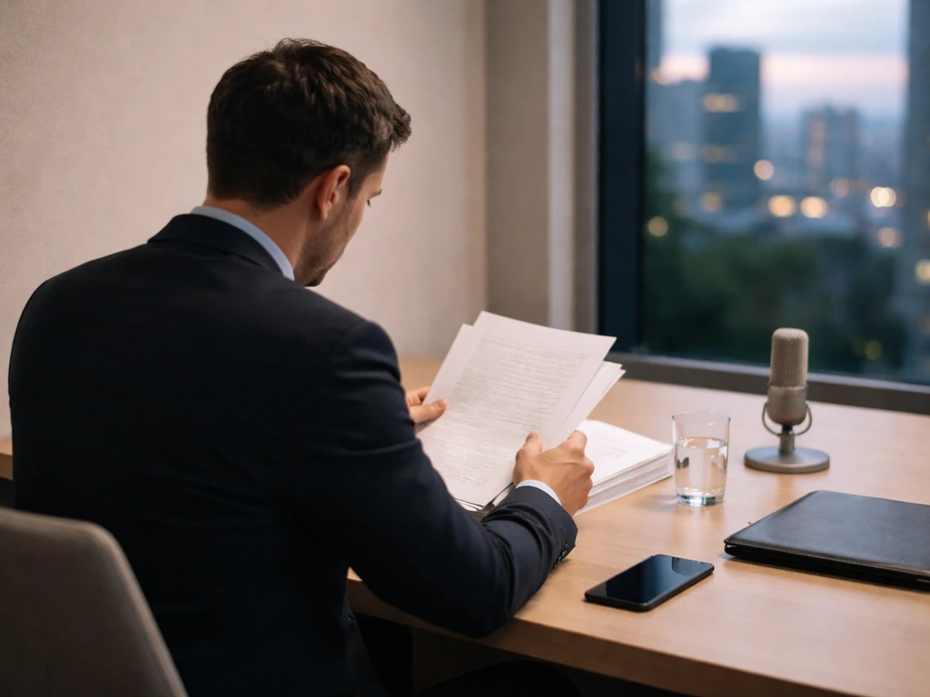 Anonymous businessperson at a desk with documents and a microphone in a quiet finance office by city view.