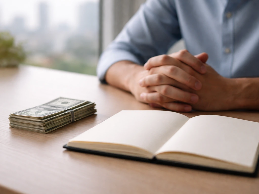 Minimal desk scene with scattered cash and a blurred notebook, symbolizing net worth estimates and confidence levels.