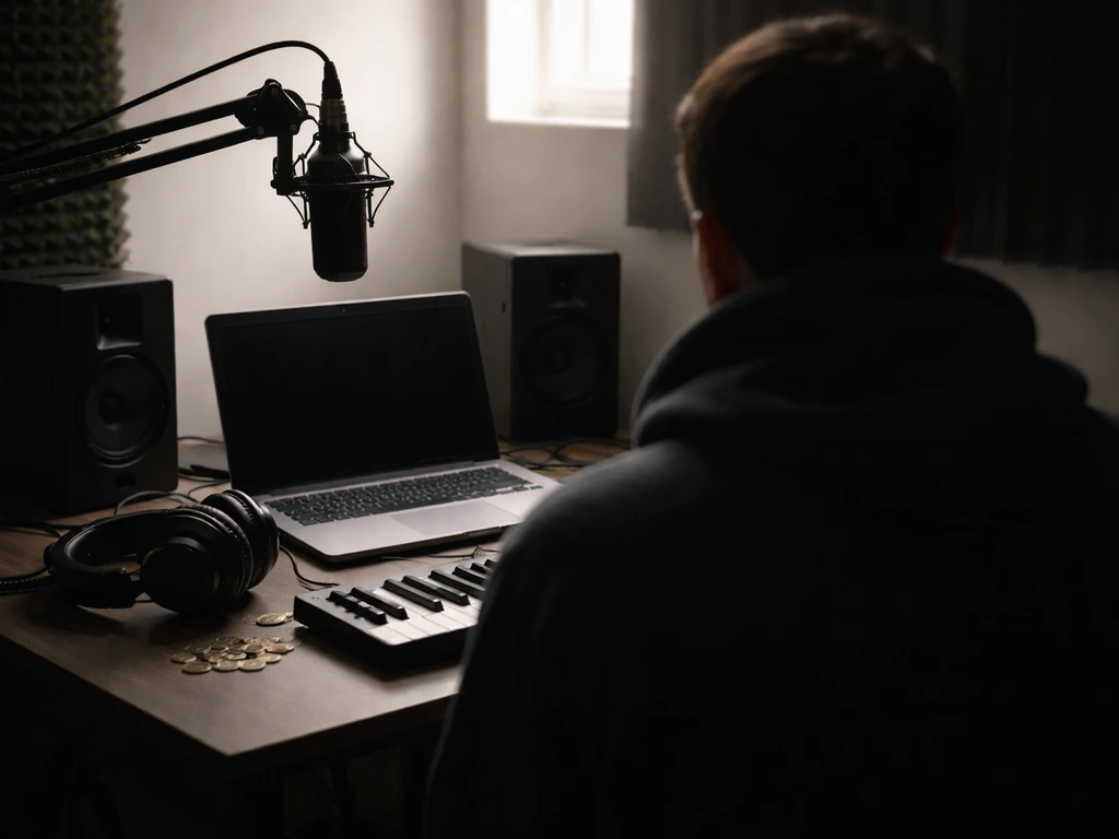 Anonymous musician in a simple studio, moody cash-and-music atmosphere, symbolizing bbno$ identity