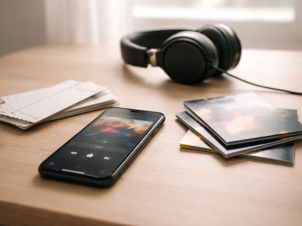 Minimal desk scene with a playing smartphone, blank ticket stubs, and album-cover tiles suggesting music revenue signals