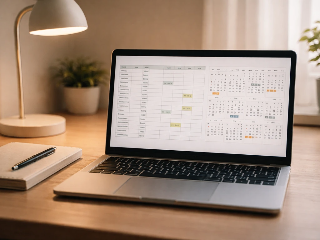 Open laptop showing a simple performance-date spreadsheet and a year calendar view, focused office desk scene.