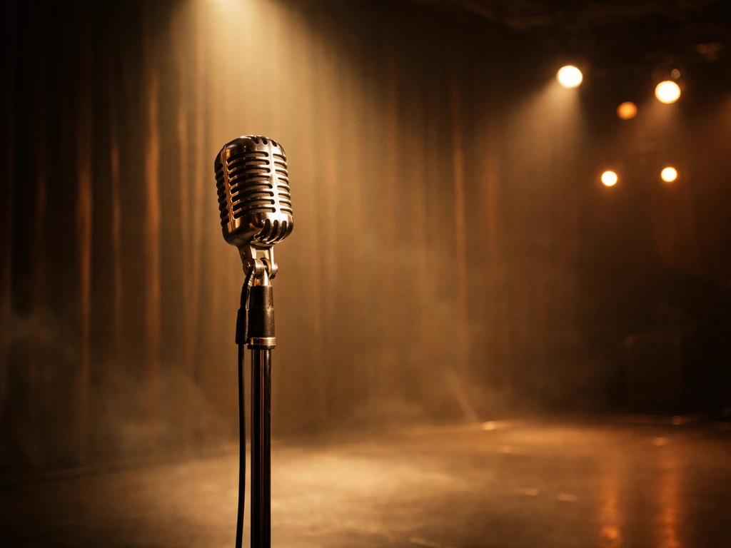 Vintage stage microphone under soft spotlight, empty 1960s performance vibe.