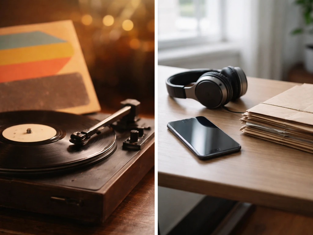 Split-scene showing a vintage 1960s record in one side and modern music royalty files on the other