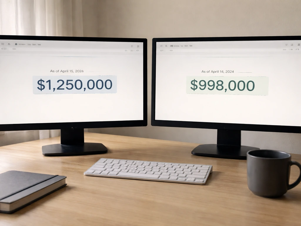 Two side-by-side screens on a desk showing conflicting net-worth numbers and dates, no people.