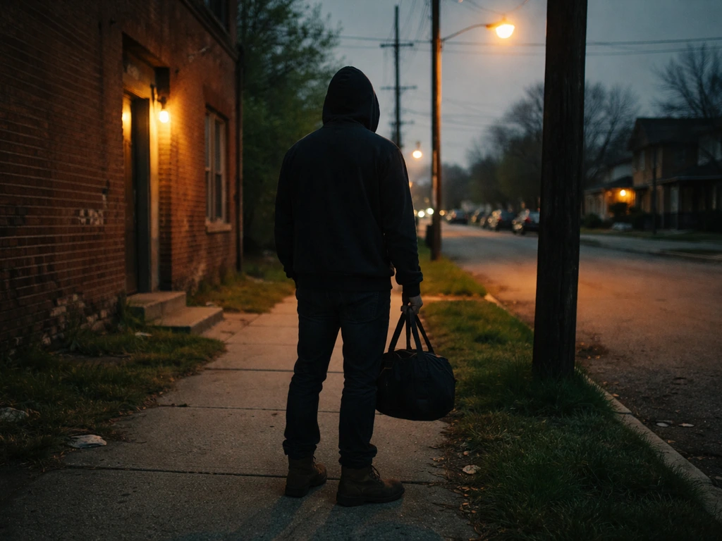 Anonymous courier holding a small duffel bag in a dim Detroit street at dusk