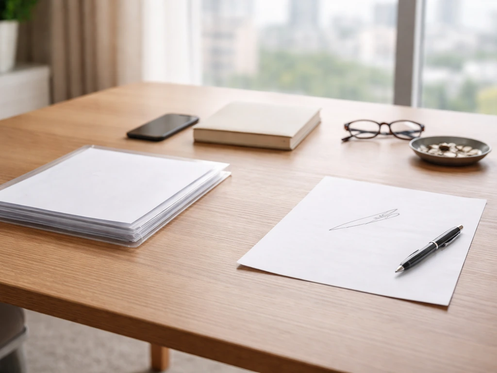 Minimal home-office desk showing documented papers vs an unverified loose sheet for a net-worth comparison.