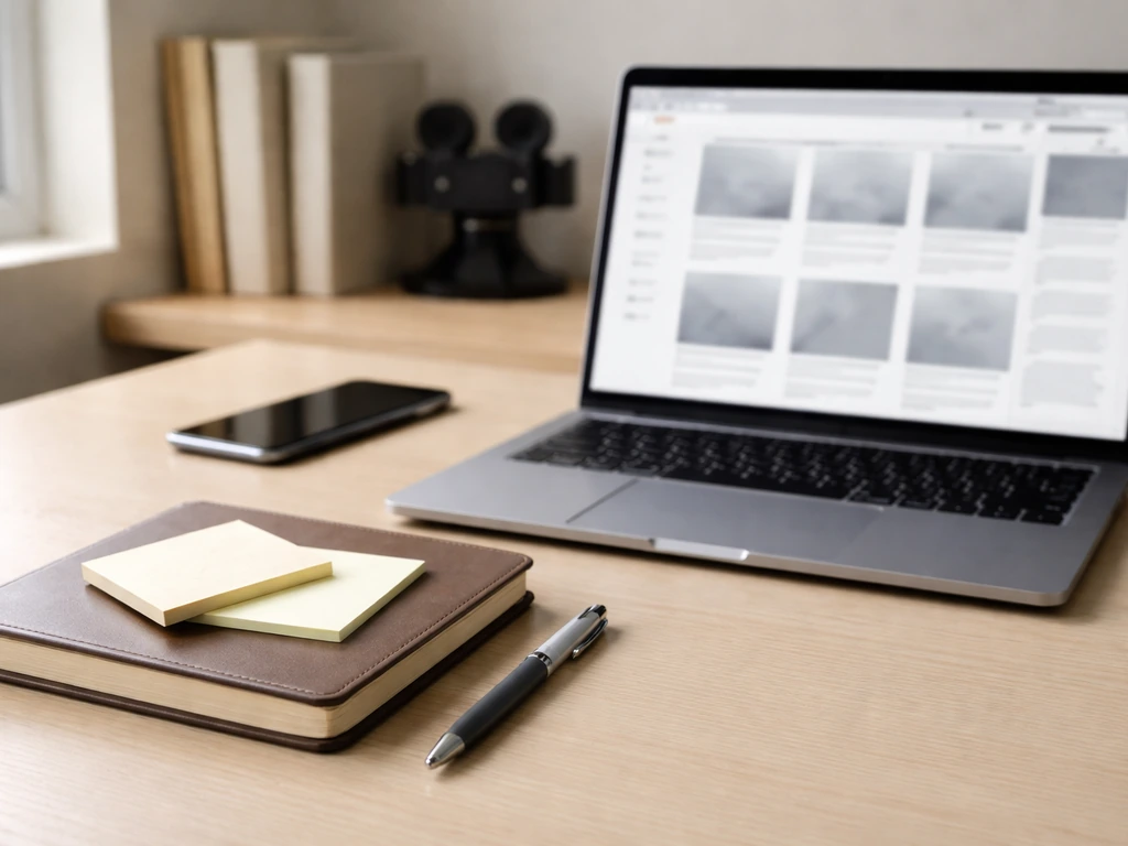 Minimal desk scene with a laptop showing media research, plus notebook tabs for verifying sources
