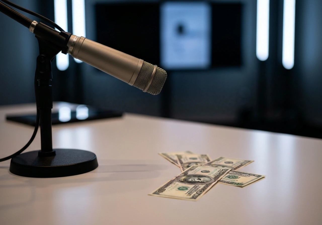 Empty media studio desk with a microphone and scattered cash, symbolizing boki 13 net worth calculation