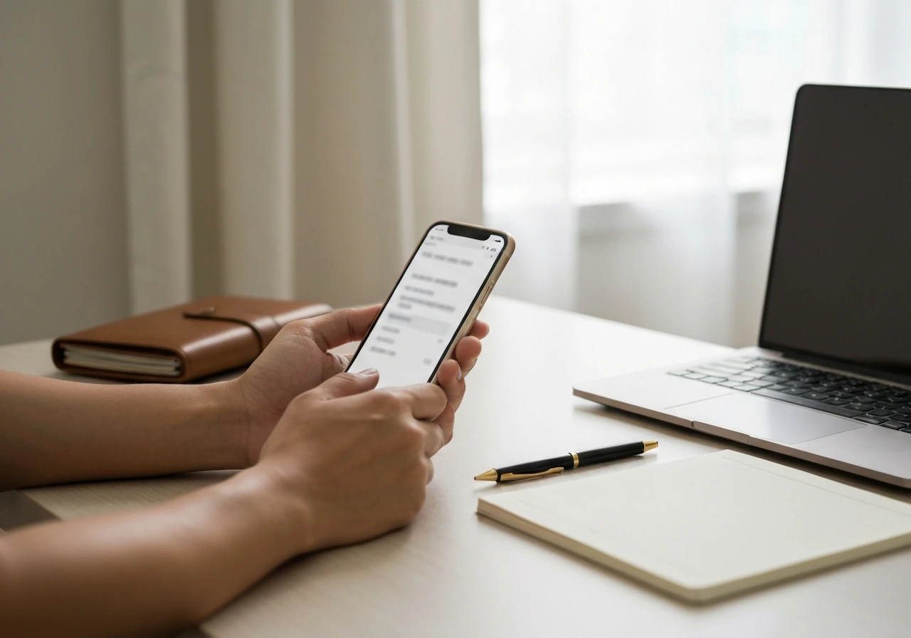 Minimal office desk with a smartphone showing a blurred finance dashboard-like image, symbolizing a May 2026 net worth e