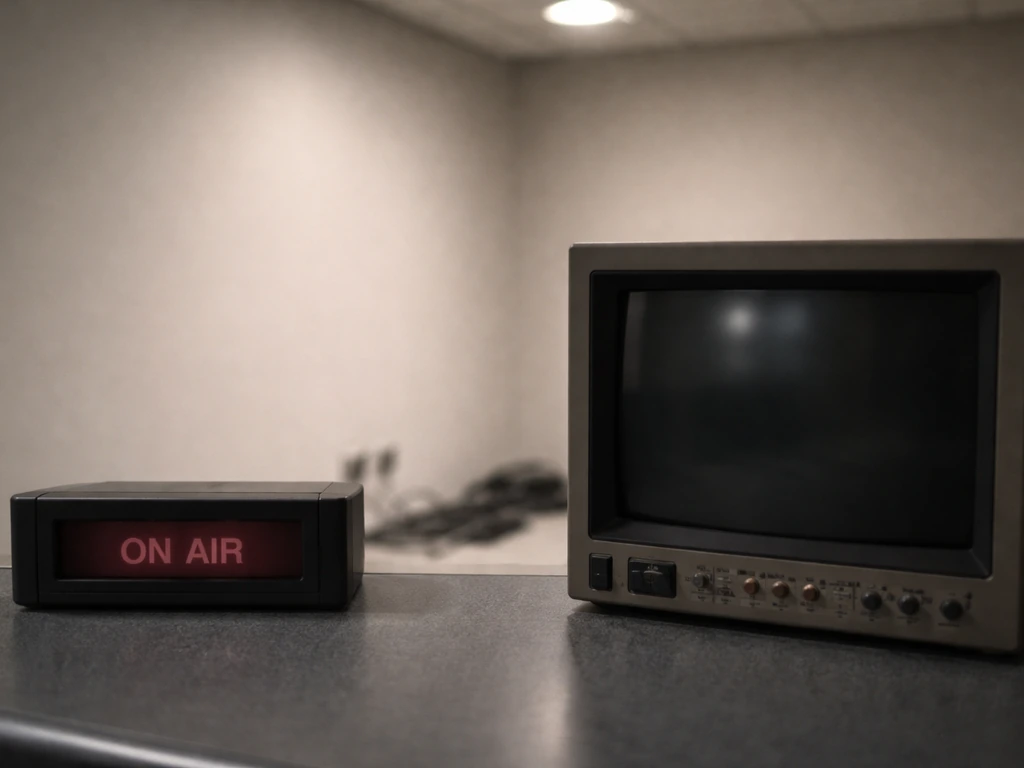 Close-up of a studio ON AIR light going dark beside an offline TV screen and a dim archive-style monitor