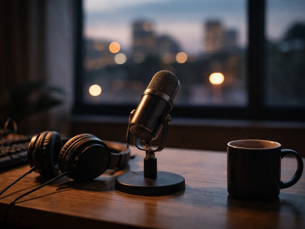 Close-up of a microphone and headphones on a studio desk with a softly blurred city skyline at dusk.
