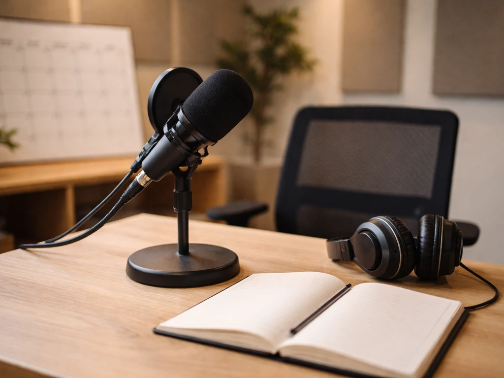 Anonymous podcast studio scene with a microphone and producer desk, suggesting podcast guest income streams