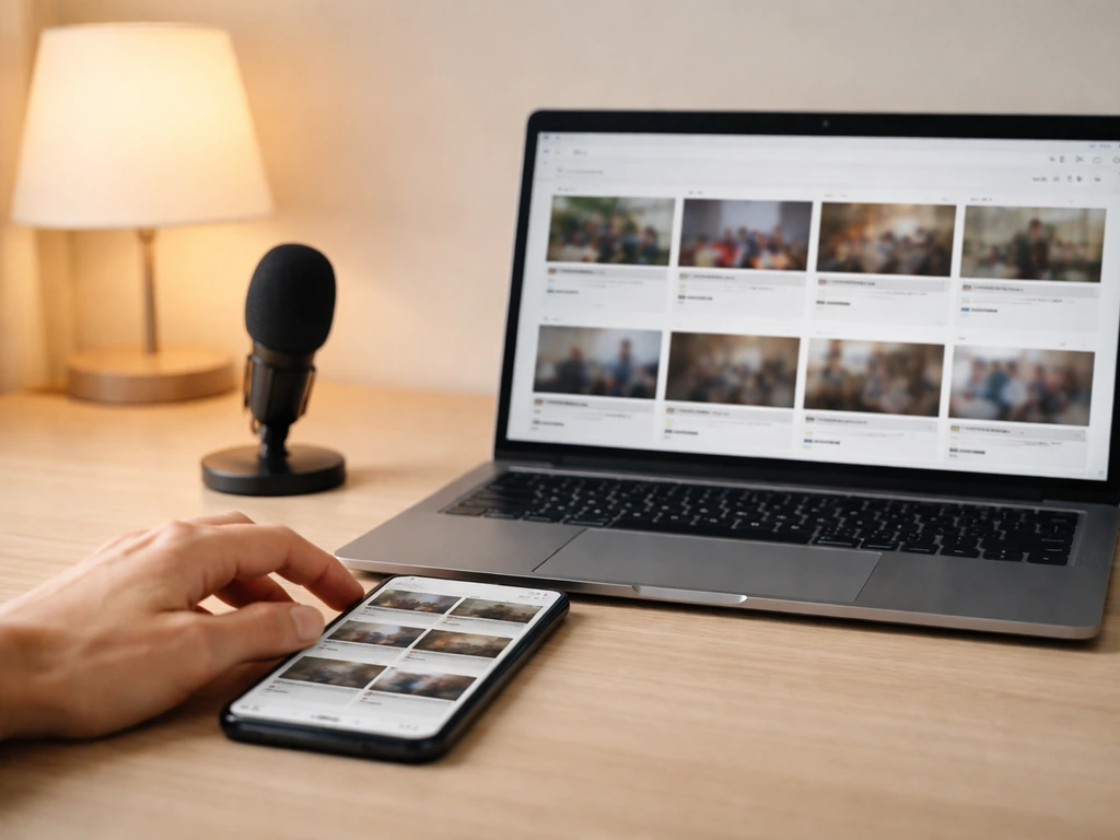 Phone and laptop on a desk showing generic video thumbnails, with a small microphone nearby
