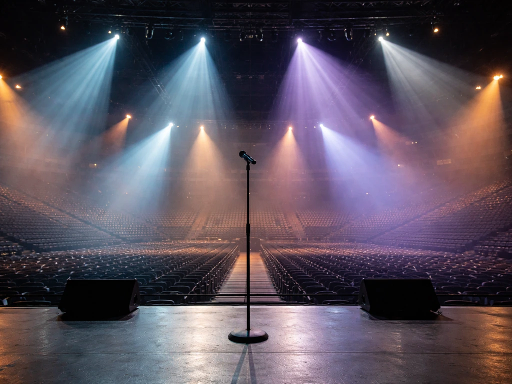 Empty stadium arena stage with dramatic concert lighting and a live-sound microphone stand