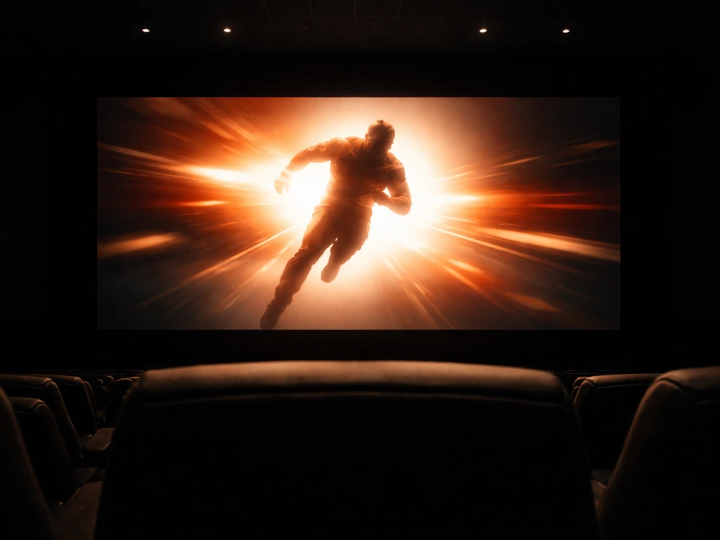 Minimal cinema scene with a glowing movie screen showing a stylized franchise-cue silhouette, no readable text.