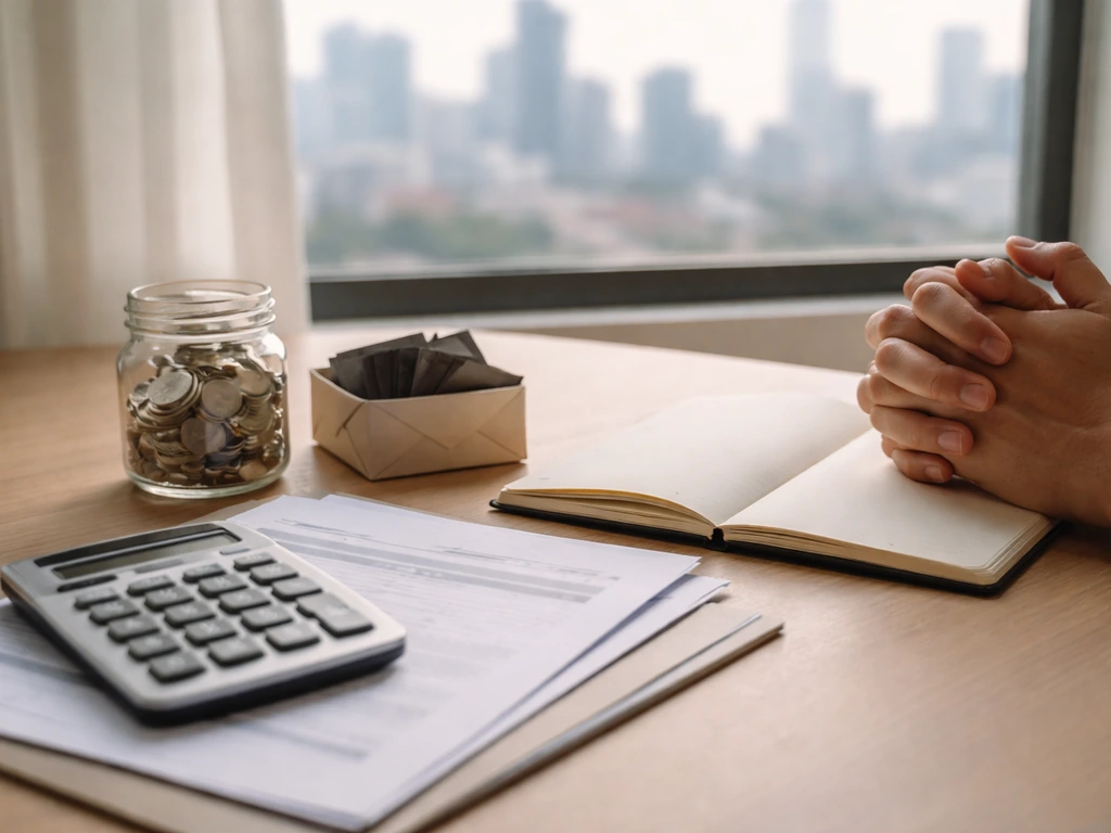 Hands on a desk with calculator and financial documents, coins in a jar and an envelope for liabilities.