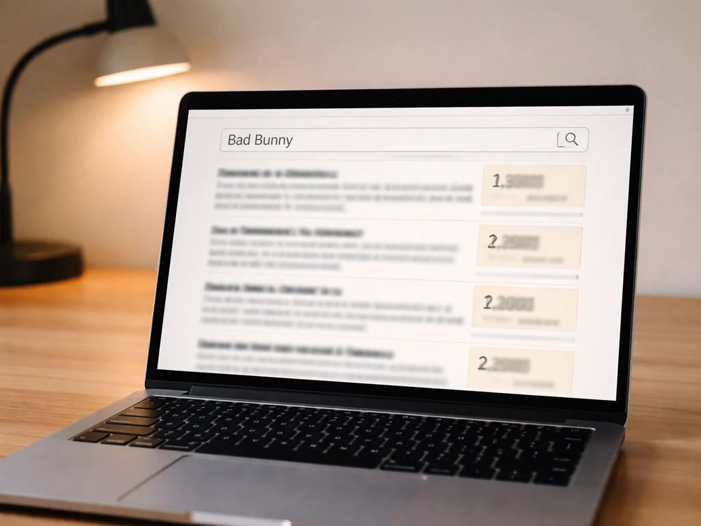 Laptop screen showing Forbes.com search results for “Bad Bunny” and a numeric snippet value.