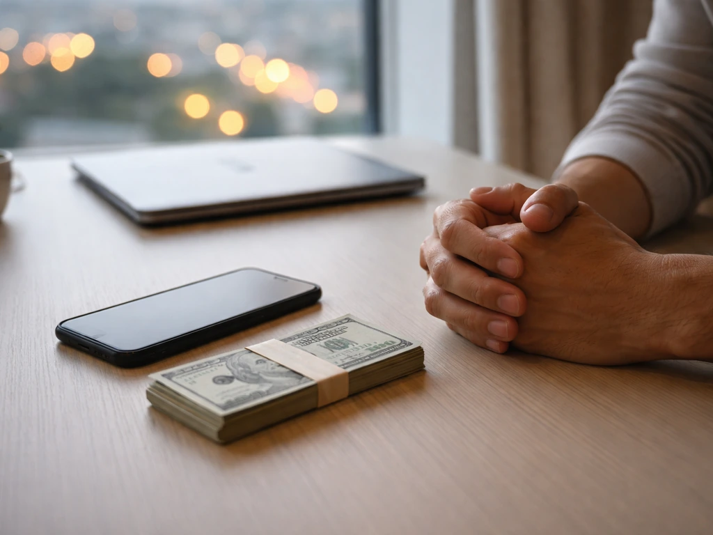 Person in a modern home office with a smartphone and cash beside a laptop, suggesting wealth comparisons.