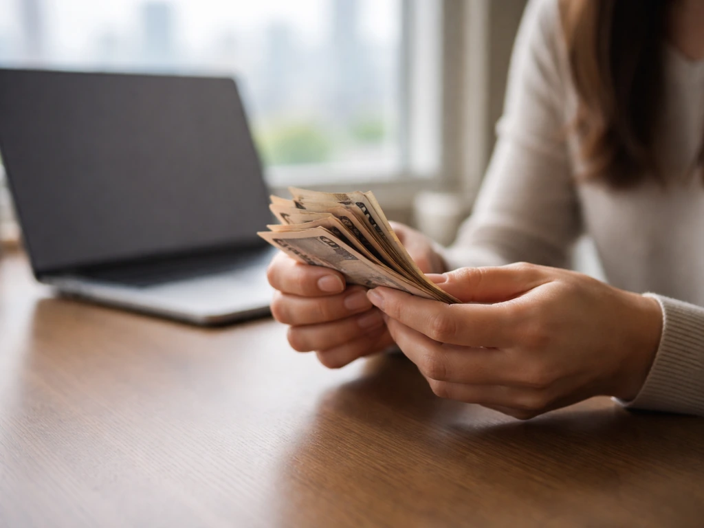 Hands counting cash on a desk in a modern office with a laptop and window light behind