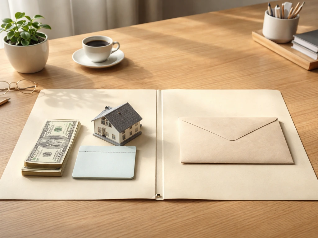 Minimal photo of a simple net worth concept: open folder with money items and a closed envelope for debts