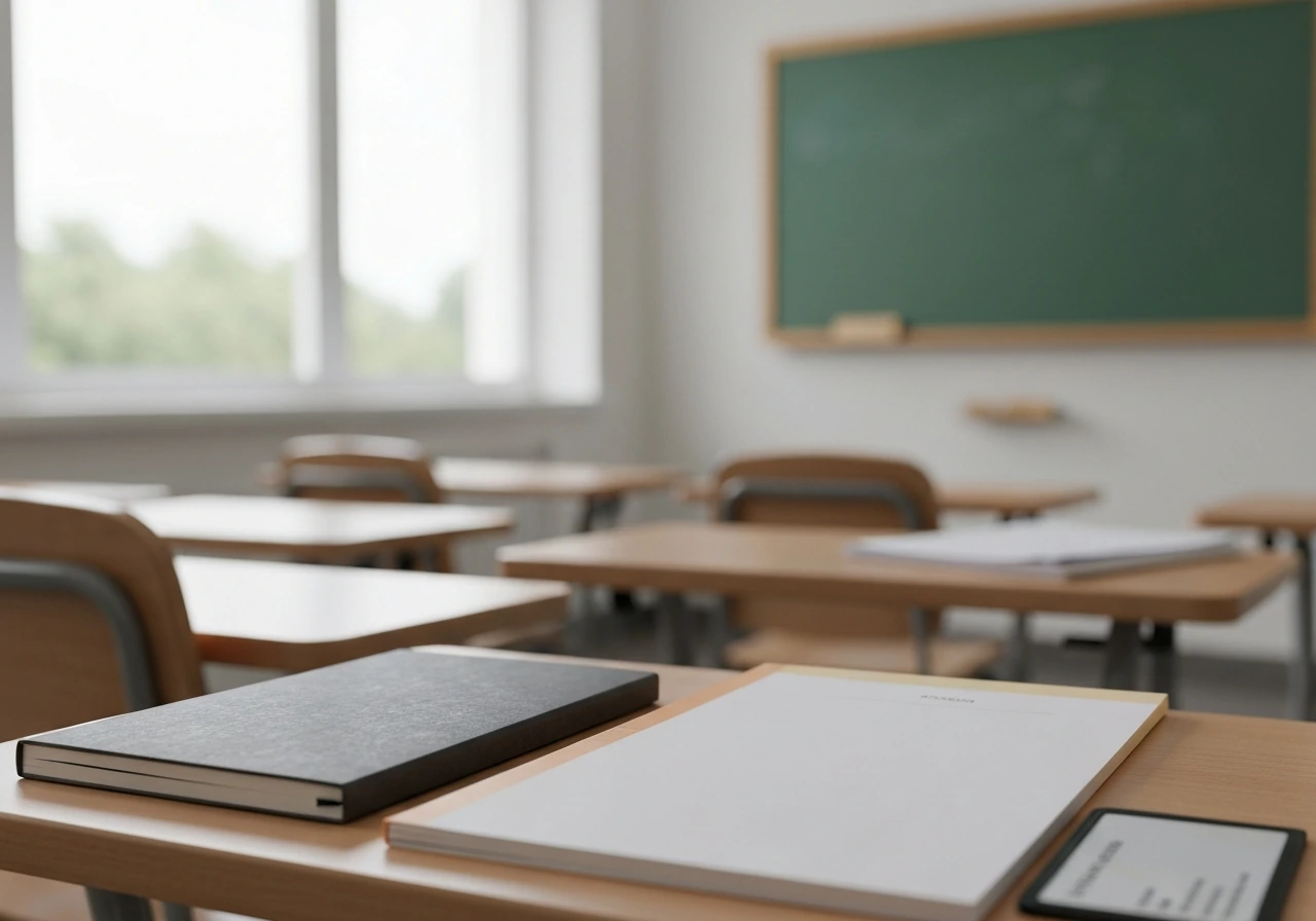 Minimal photo of a quiet classroom scene with a teaching credential folder and a notebook, symbolizing career timeline.